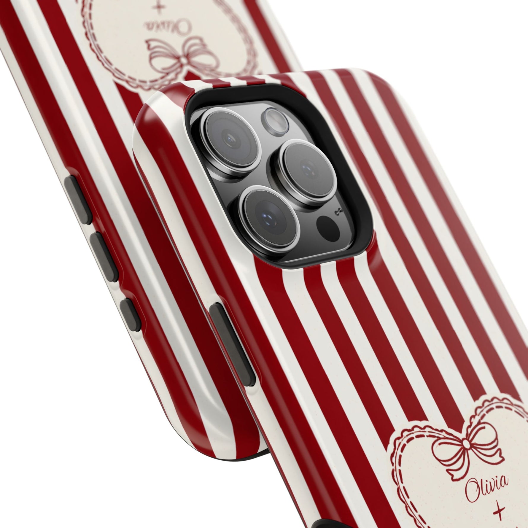 Funda personalizada a rayas — Diseño de corazón rojo y blanco (nombres personalizados)