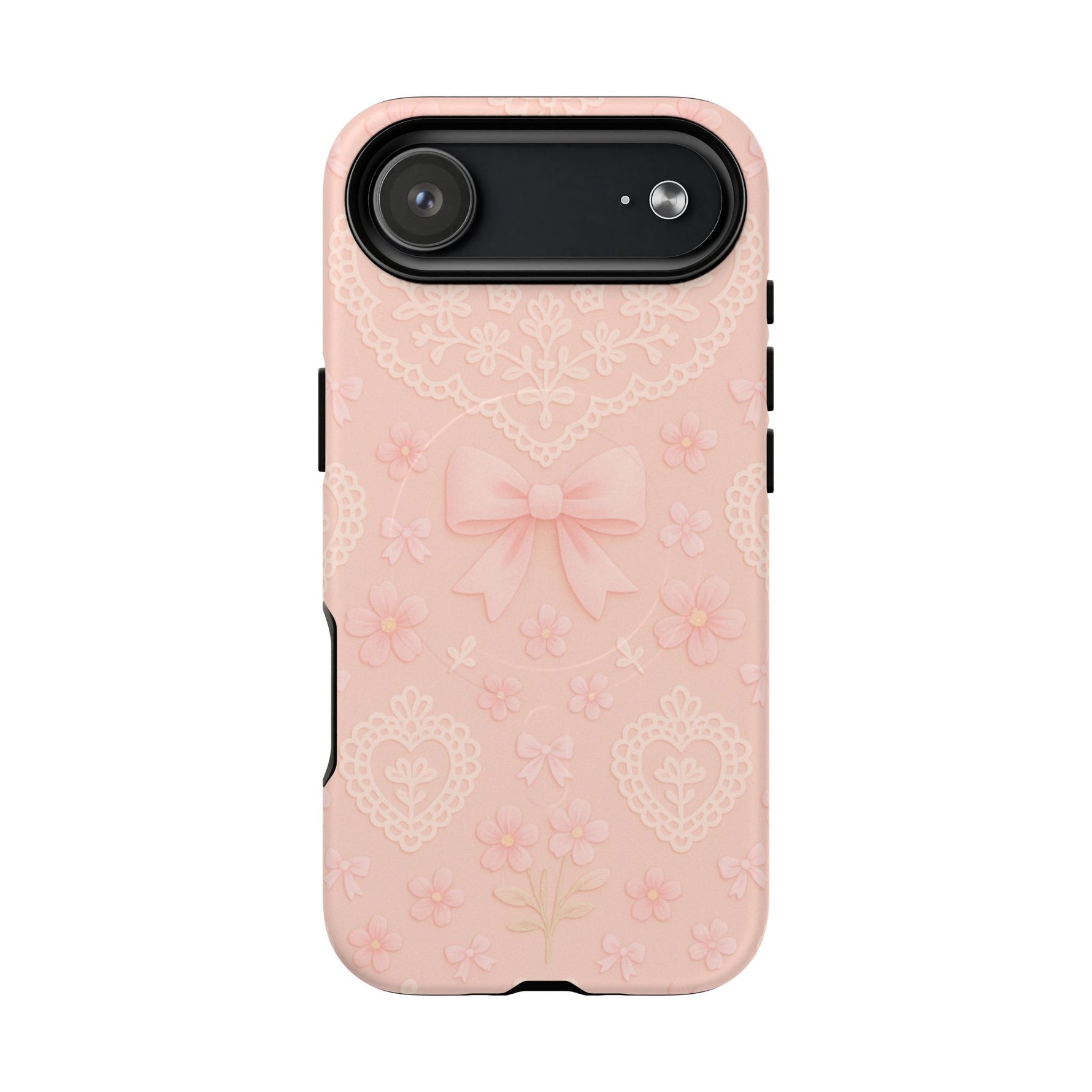 Balletcore Pink Floral Lace iPhone Case with Bow | Works with MagSafe - Shamo's