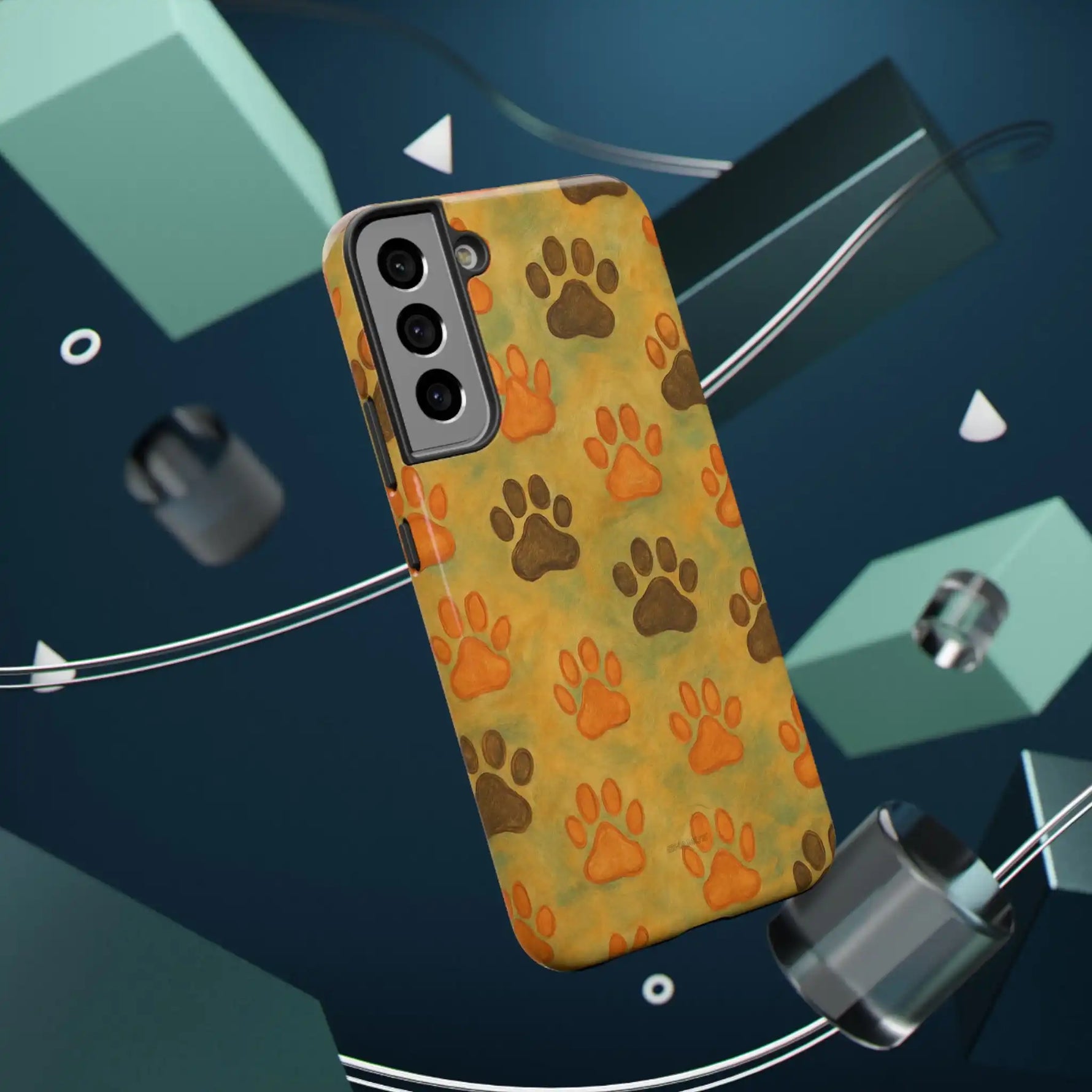 Samsung Galaxy S21 phone case with brown and orange paw print pattern in yellow background, showing size variant
