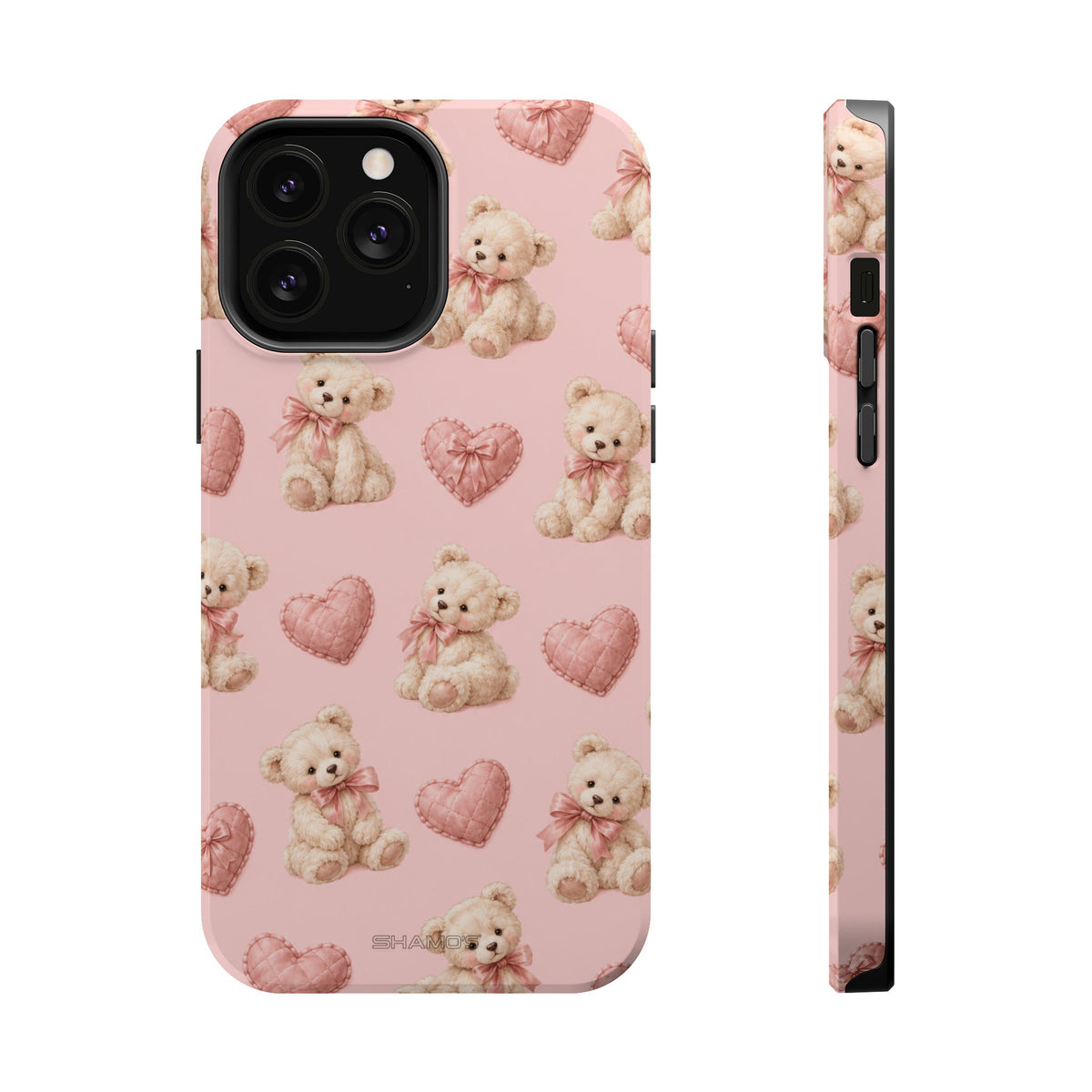Pink Teddy Hearts Love iPhone Case, Impact-Resistant MagSafe Compatible