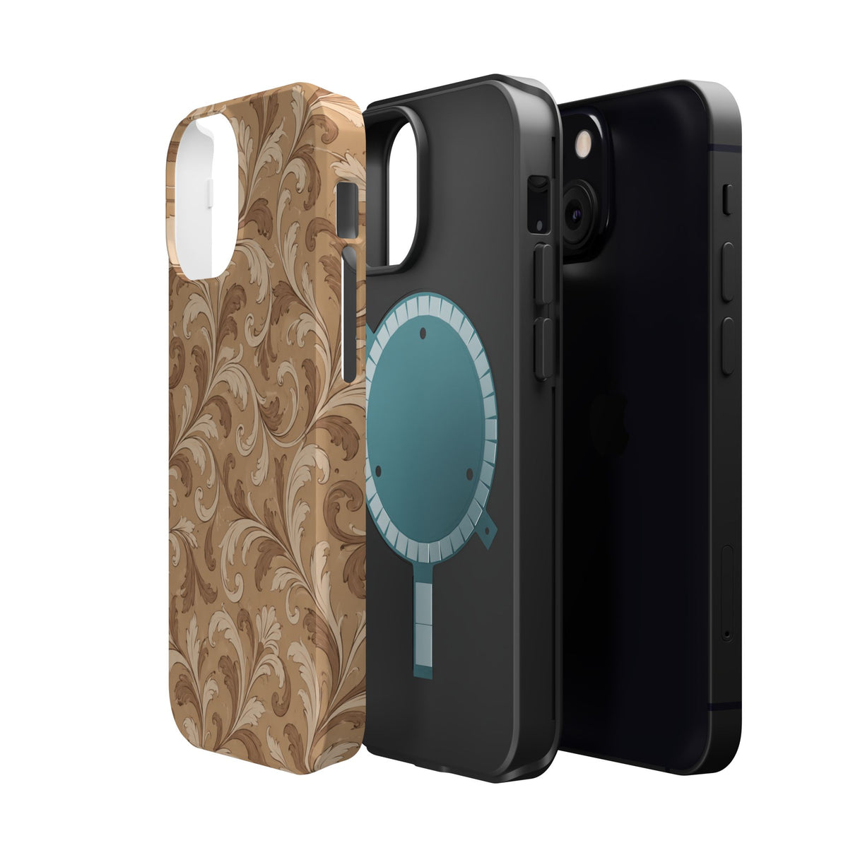 Saddle Scrolls – Tan Western Scrollwork MagSafe Phone Case, glossy diagonal dual-camera model, exploded shell and liner with magnetic ring