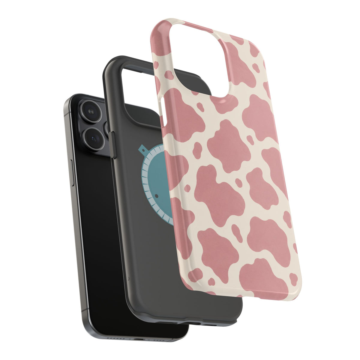 Rose Cowprint – Pink Cow Print MagSafe Phone Case, glossy square triple-camera Pro model, exploded shell and liner with magnetic ring