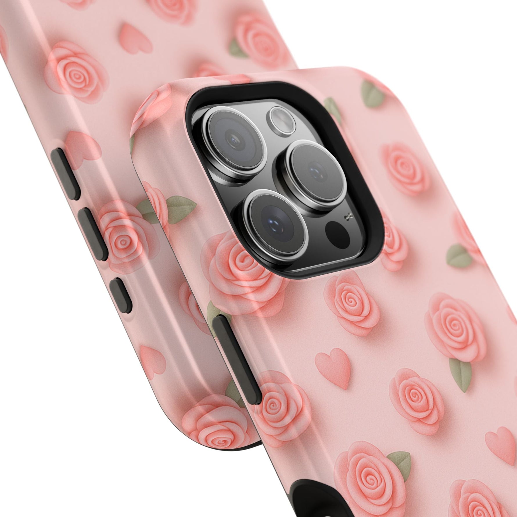 Pink Rose Pattern Impact iPhone Case — Floral Hearts Protective Cover (MagSafe compatible)  Shamo's