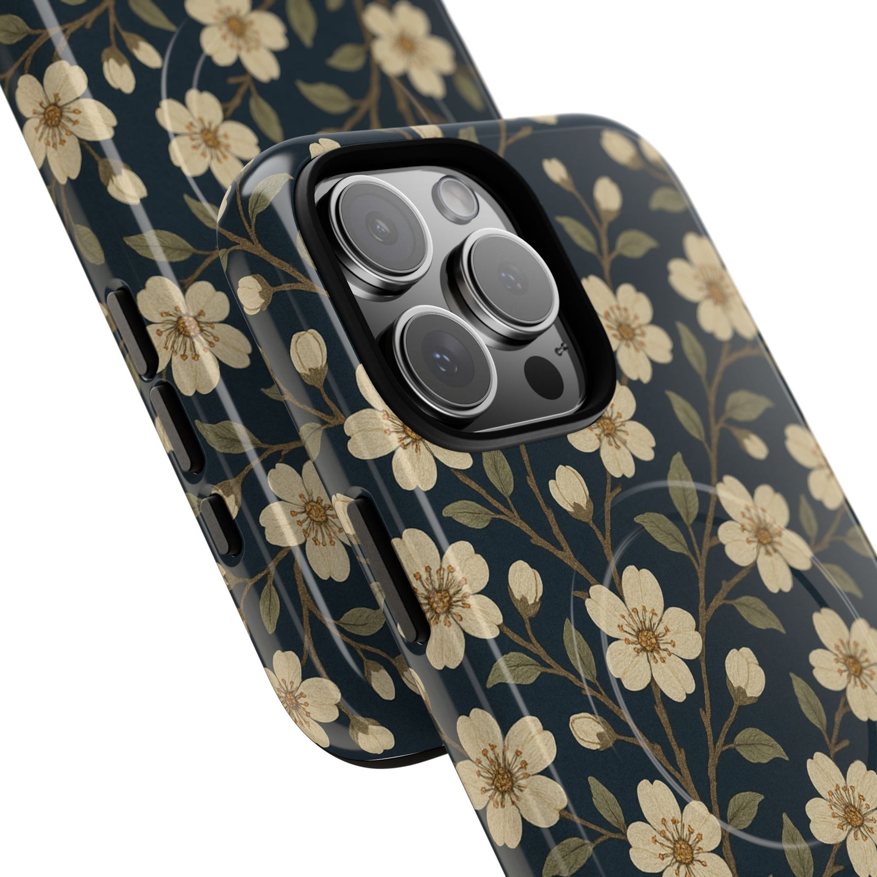 Navy Cherry Blossom Floral iPhone Case - Compatible with MagSafe - Shamo's