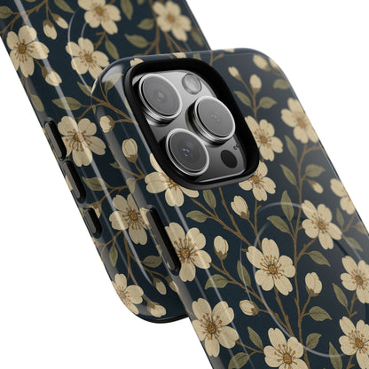 Navy Cherry Blossom Floral iPhone Case - Compatible with MagSafe