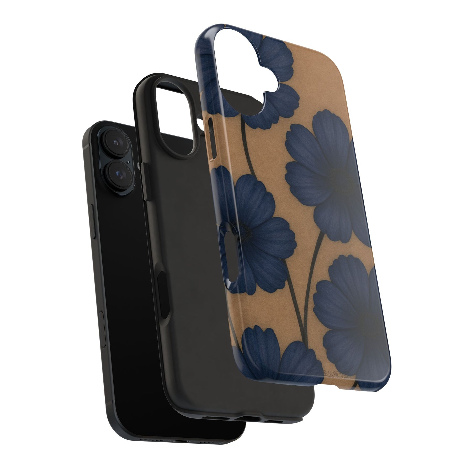 Navy Floral Tough Phone Case — Durable Protective Case with Blue Flowers on Kraft Background