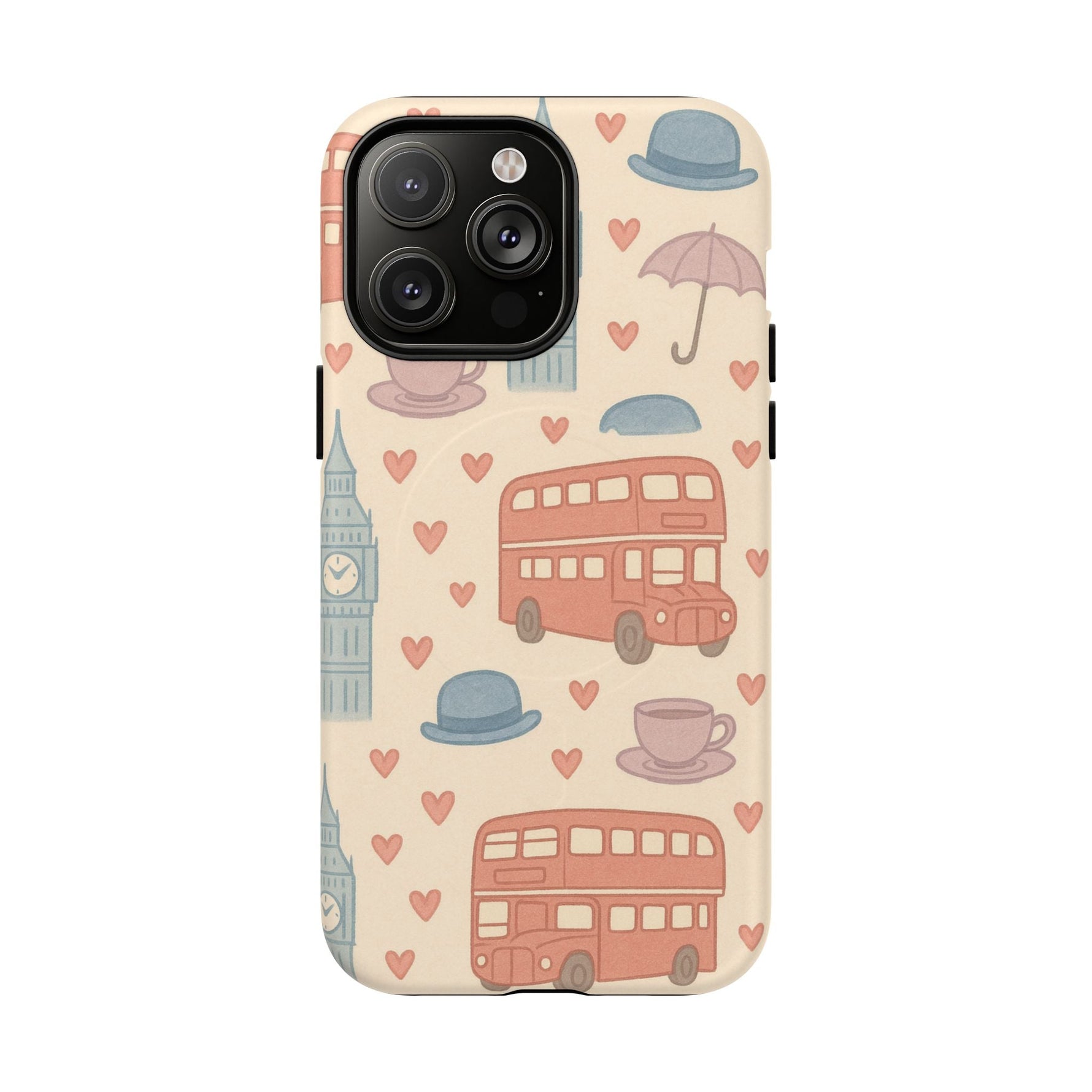 London Icons Hand-Drawn iPhone Case — Cute Double-Decker Bus & Big Ben Pattern with MagSafe compatibility  Shamo's iPhone 14 Pro Max / Matte