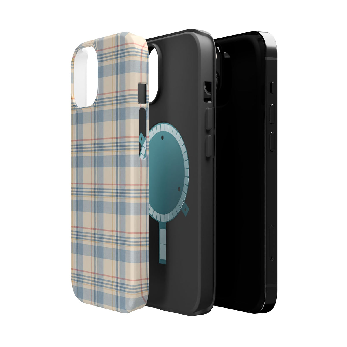 Ranch Check – Blue and Cream Plaid MagSafe Phone Case, glossy diagonal dual-camera model, exploded shell and liner with magnetic ring