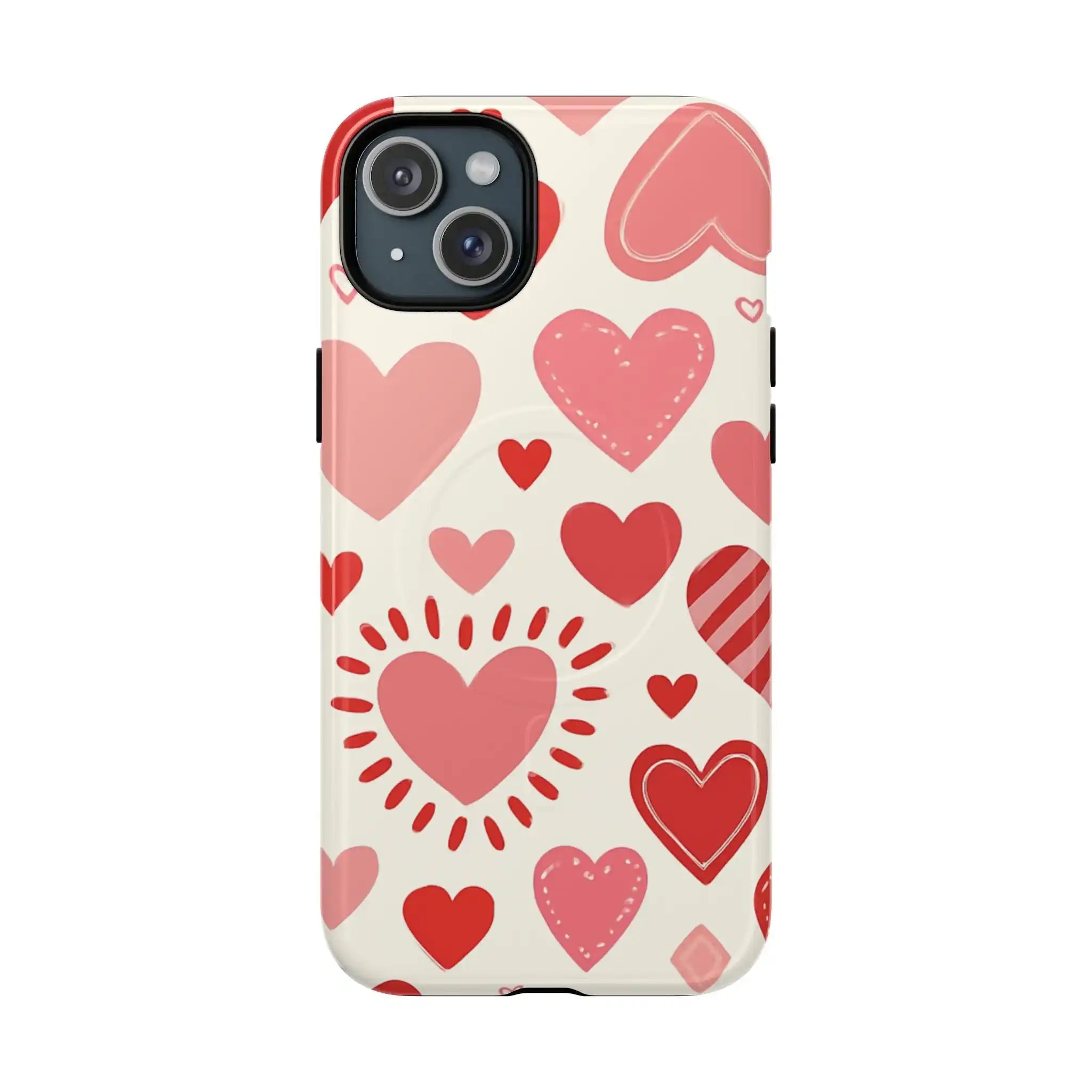 Heart Pattern Tough iPhone Case — Cute Red & Pink Hearts Protective Cover (MagSafe compatible)  Shamo's iPhone 15 Plus / Glossy