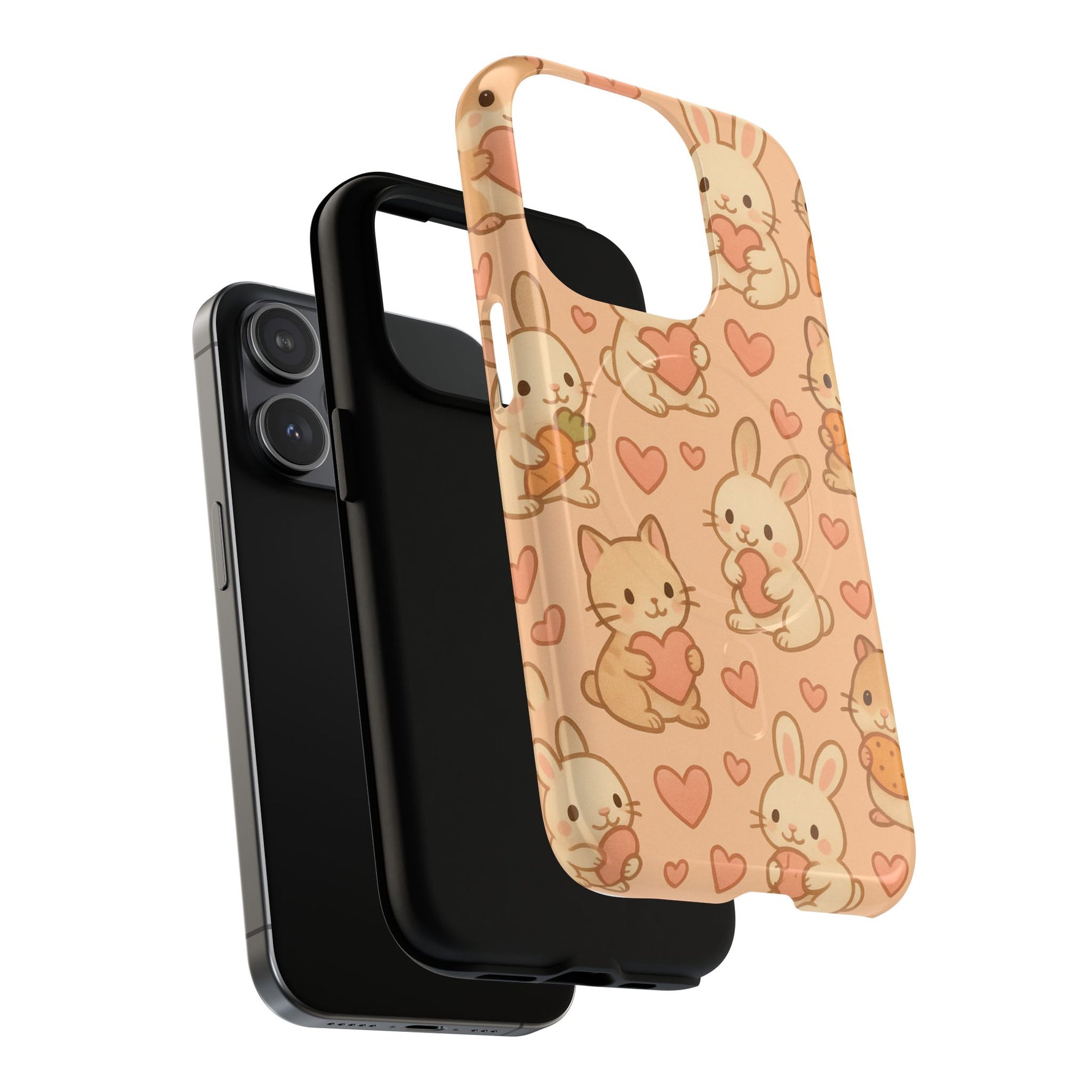 Cozy Critter Friends iPhone Case — Cute Bunny & Kitten Heart Pattern with MagSafe - Shamo's