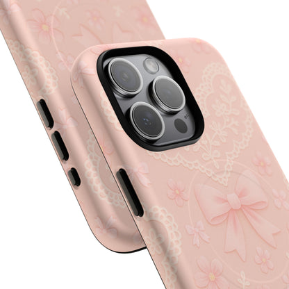Balletcore Pink Floral Lace iPhone Case with Bow | Works with MagSafe