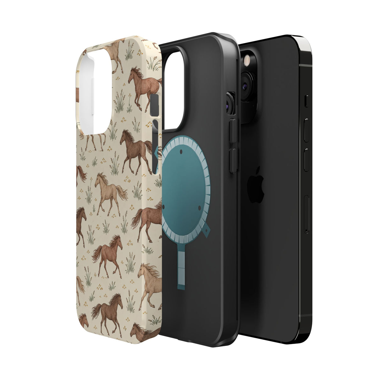 Wild Mustangs – Western Horse Pattern MagSafe Phone Case, glossy square triple-camera Pro model, exploded shell and liner with magnetic ring