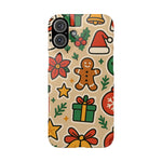 Holiday Pattern Slim iPhone Case — Gingerbread, Santa Hat & Gifts Holiday Design  Shamo's iPhone 16 Plus