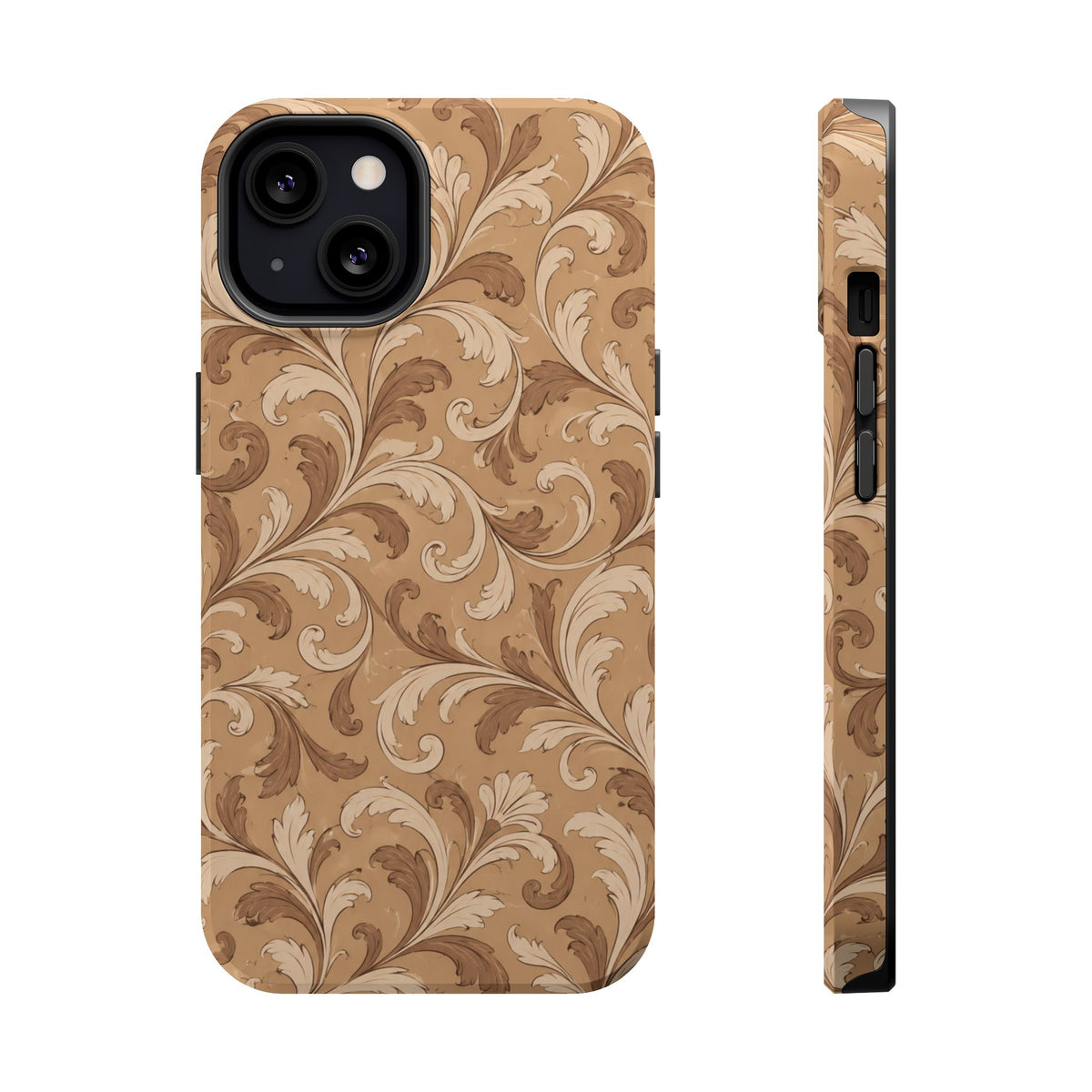 Saddle Scrolls – Tan Western Scrollwork MagSafe Phone Case, glossy iPhone 13, rear and side profile
