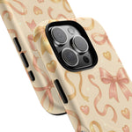 Festive Bow Charm iPhone Case — Pink & Gold Ribbon Hearts with MagSafe  Shamo's