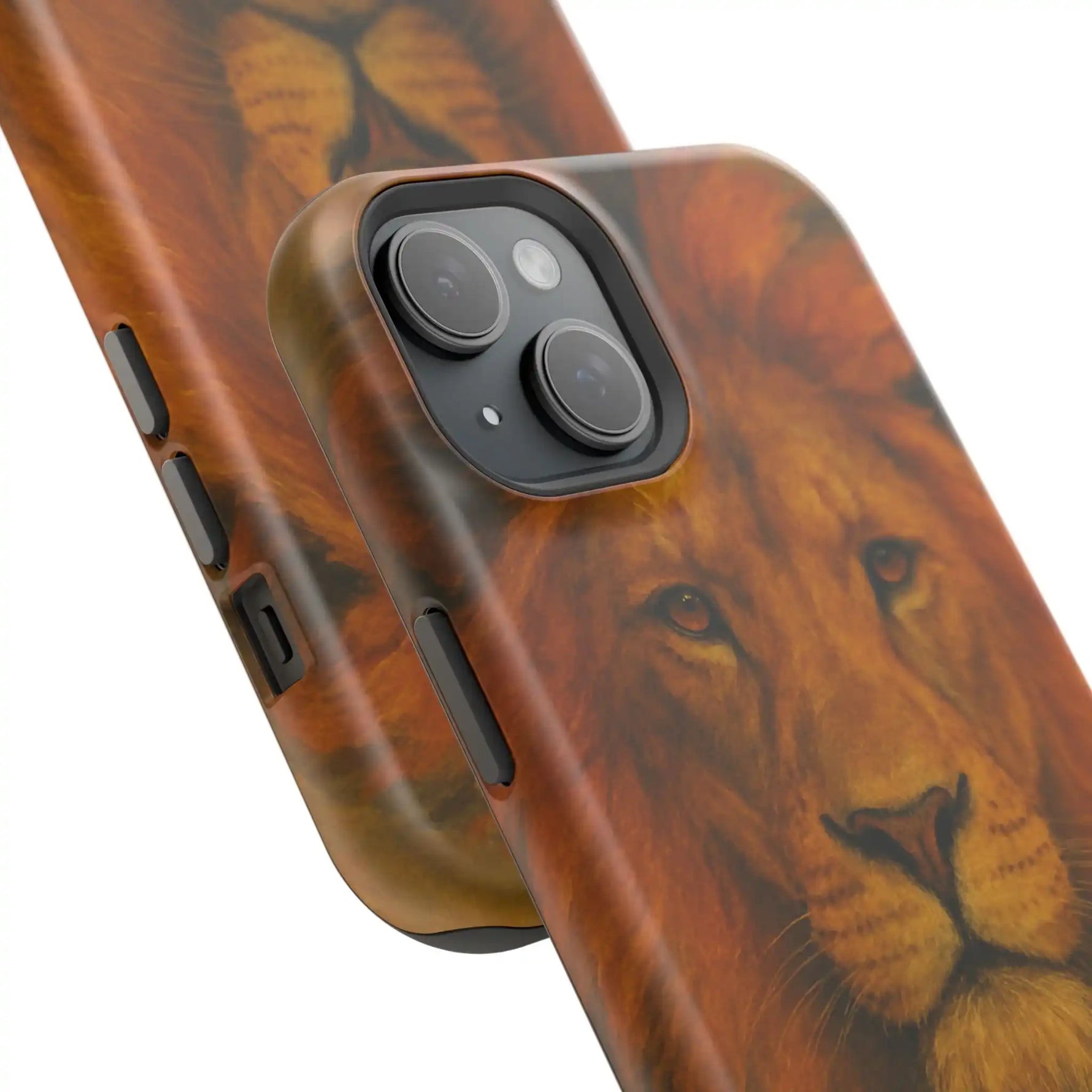 Close-up of two variant-sized phone cases with realistic lion face design and camera cutouts