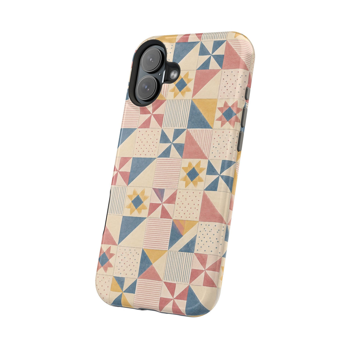 Prairie Quilt – Pastel Patchwork Pattern MagSafe Phone Case, glossy vertical dual-camera model, angled rear view