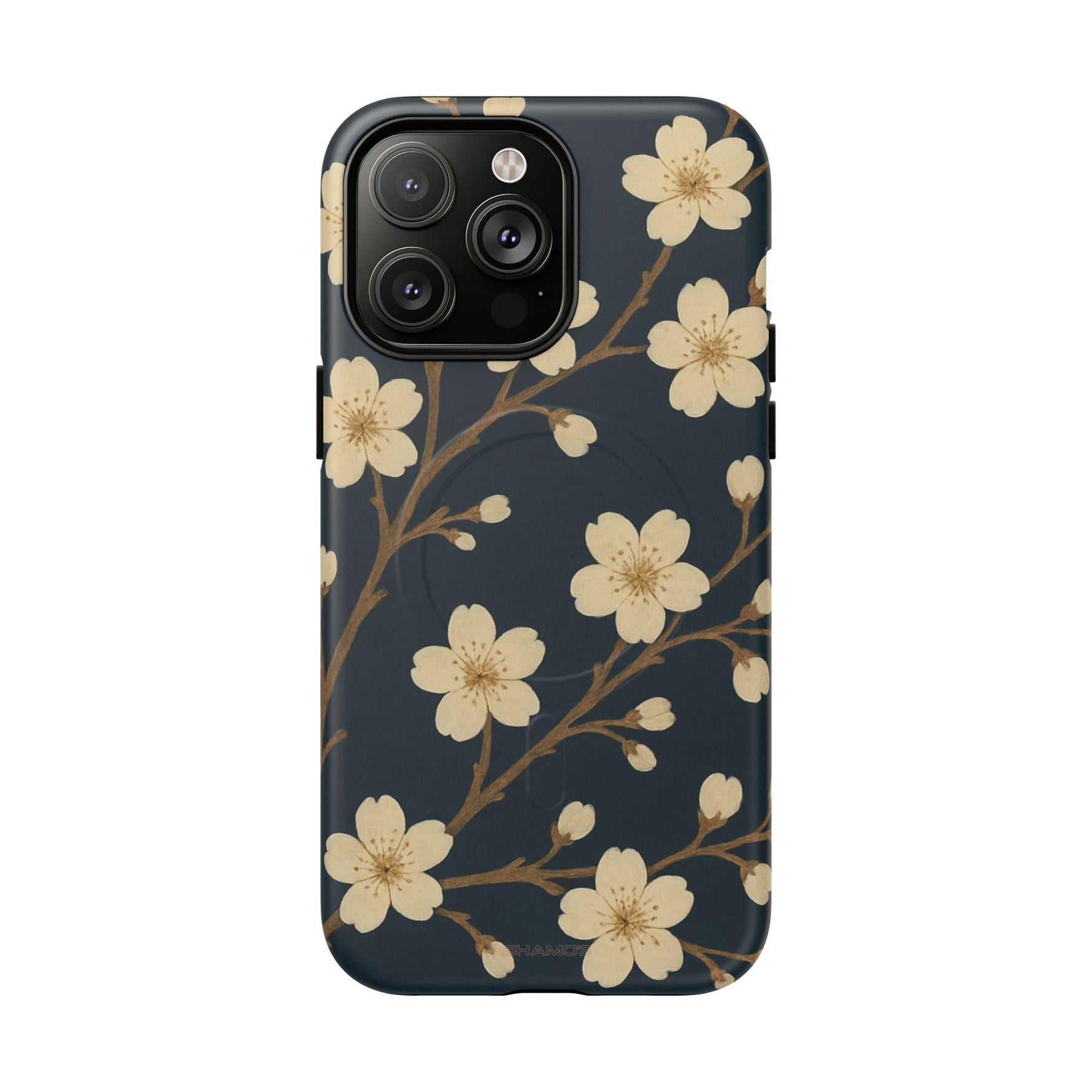 Navy Cherry Blossom Floral iPhone Case - Compatible with MagSafe