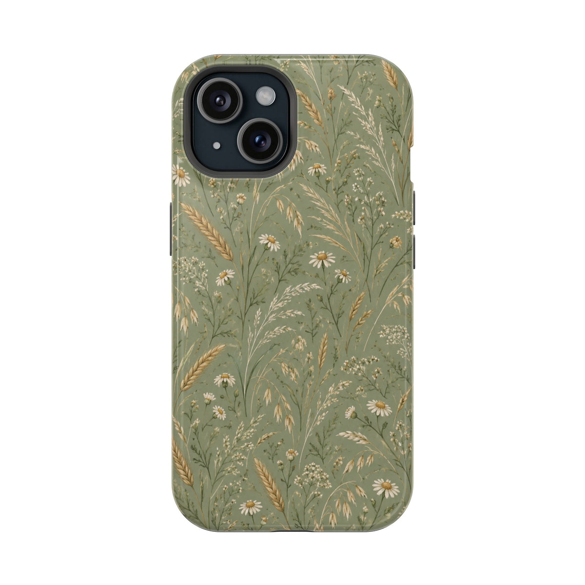 Golden Meadow – Sage Green Wildflower MagSafe Phone Case, glossy iPhone 15, rear view