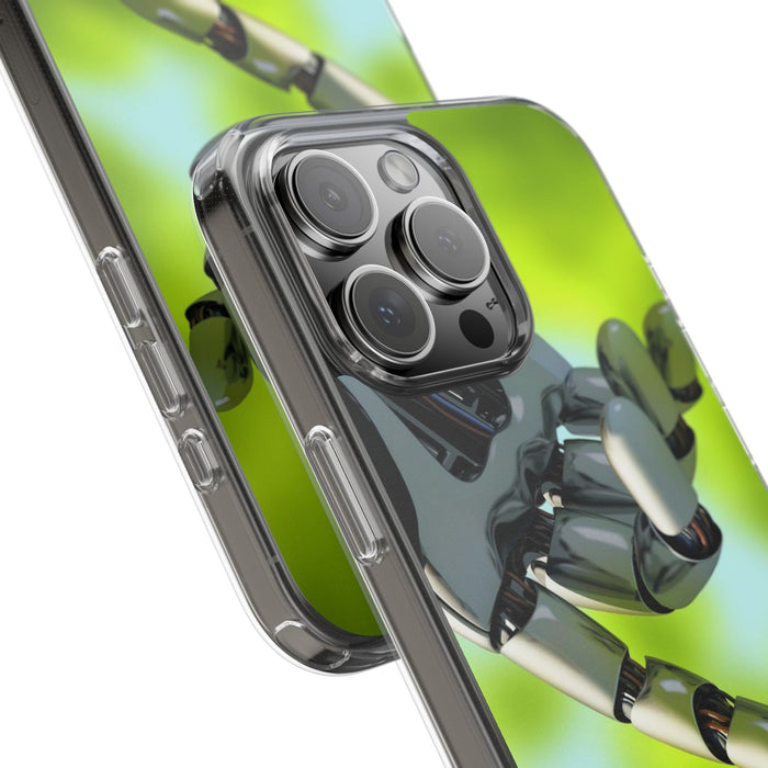 Clear Cases for iPhone 14 Series with Robotic hand and Butterfly.