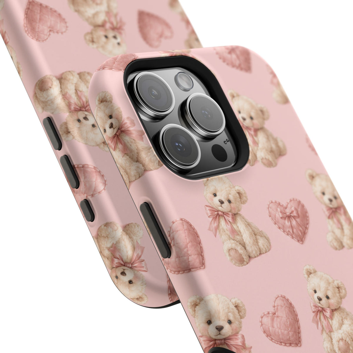 Pink Teddy Hearts Love iPhone Case, Impact-Resistant MagSafe Compatible