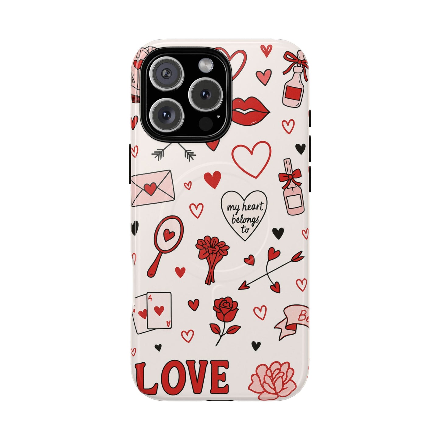 Romantic Love Doodle Tough iPhone Case ("LOVE", hearts, roses) (MagSafe compatible)