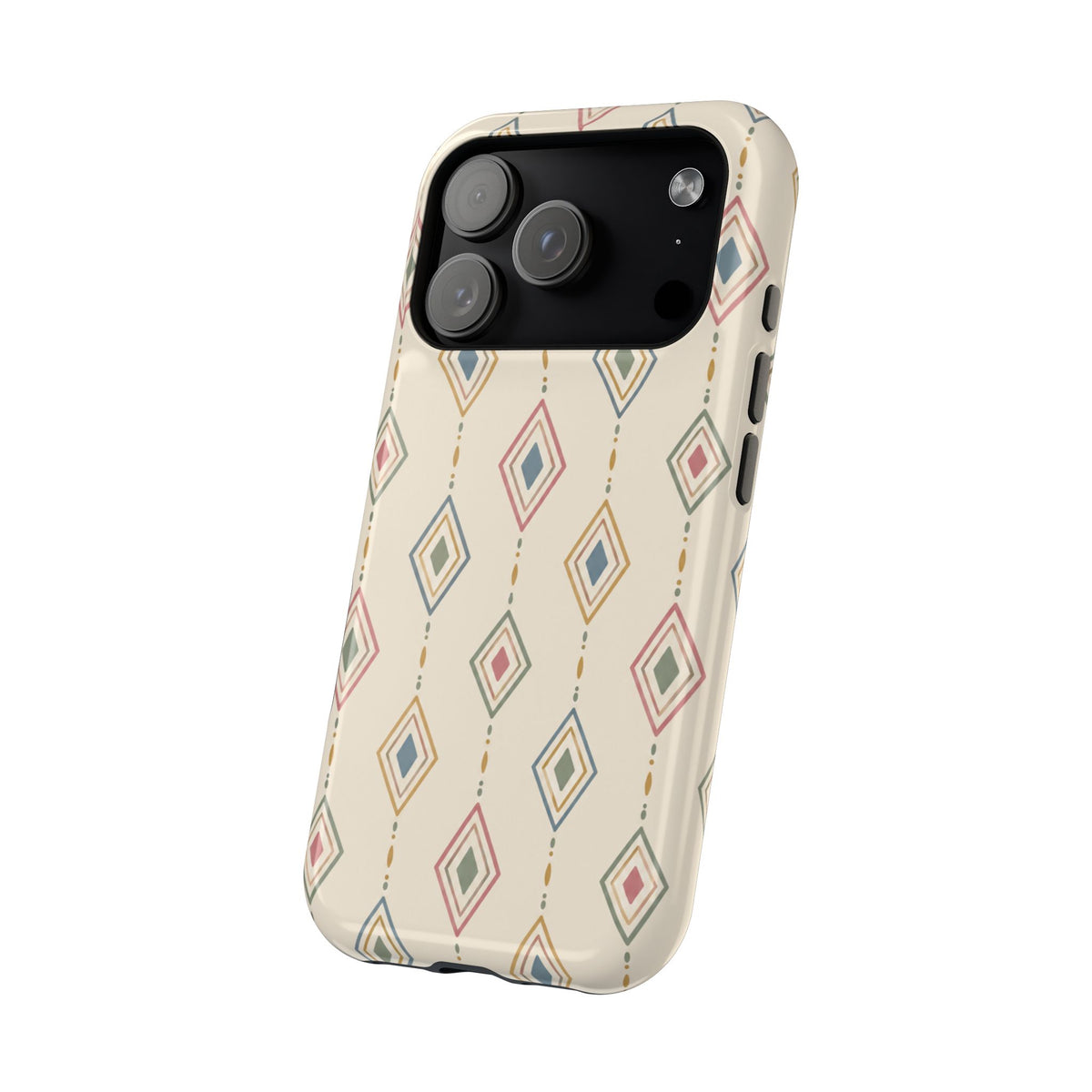 Desert Diamonds – Pastel Geometric Pattern MagSafe Phone Case, glossy compact wide-camera Pro model, angled rear view