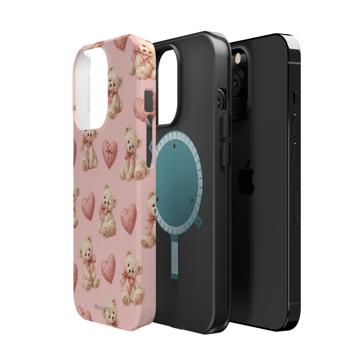 Pink Teddy Hearts Love iPhone Case, Impact-Resistant MagSafe Compatible