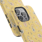 Honey Paisley MagSafe Phone Case, glossy square triple-camera Pro model, camera and side-button close-up