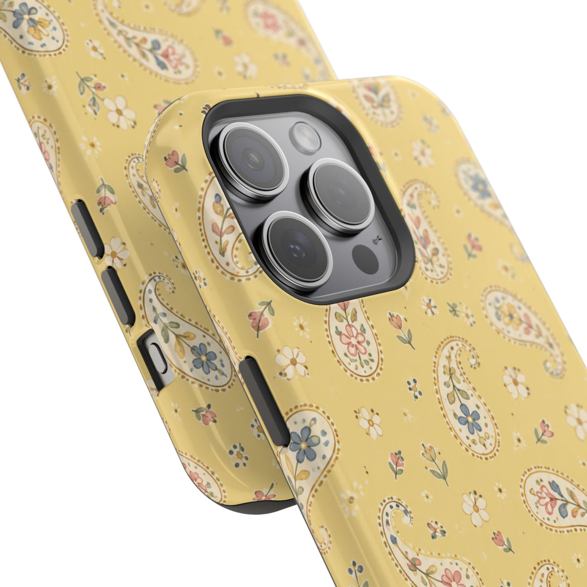 Honey Paisley MagSafe Phone Case, glossy square triple-camera Pro model, camera and side-button close-up