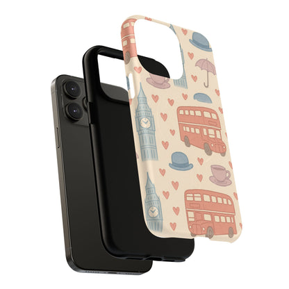 London Icons Hand-Drawn iPhone Case — Cute Double-Decker Bus & Big Ben Pattern with MagSafe compatibility