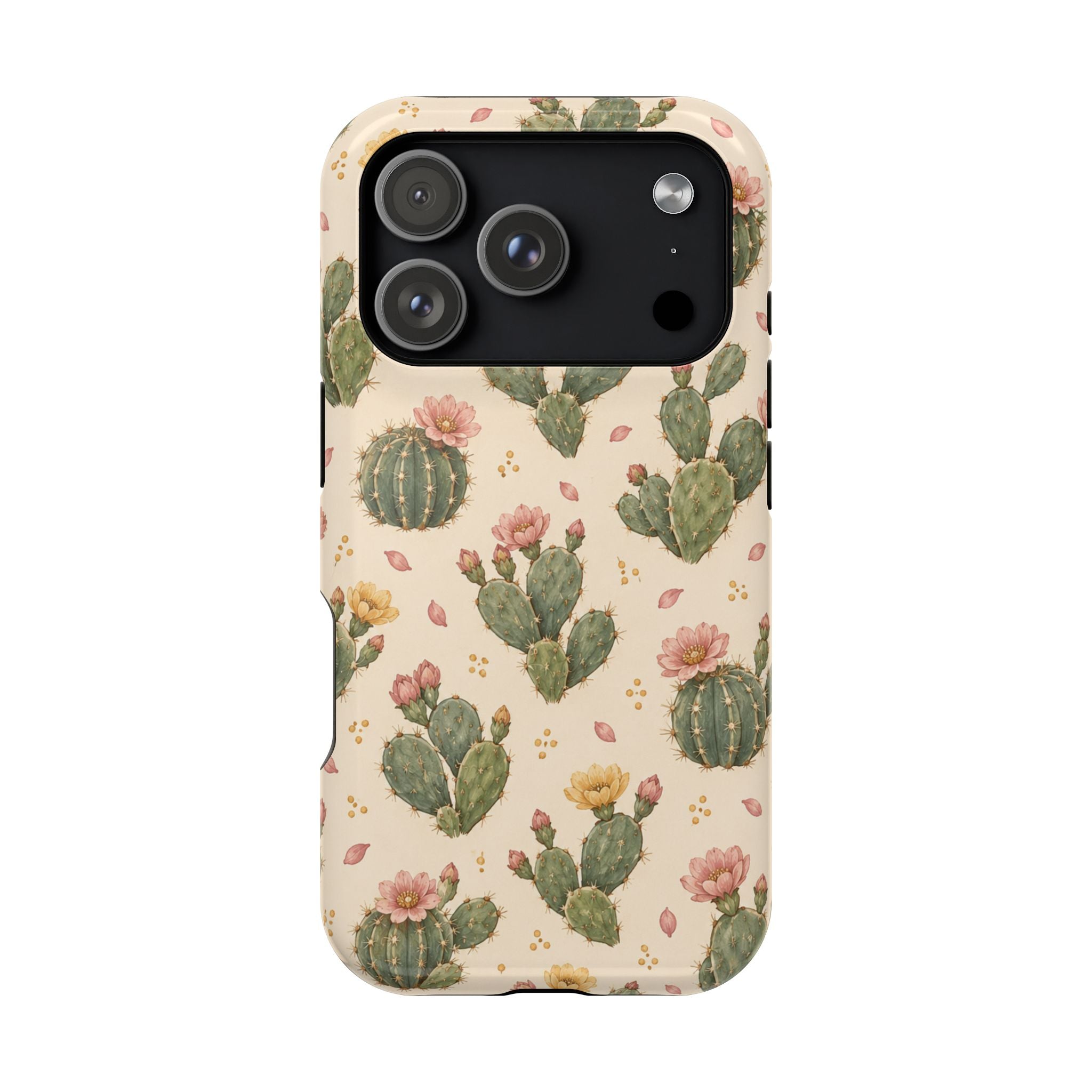 Cactus Bloom – Sage Green Floral Cactus MagSafe Phone Case, glossy iPhone 17 Pro, rear view