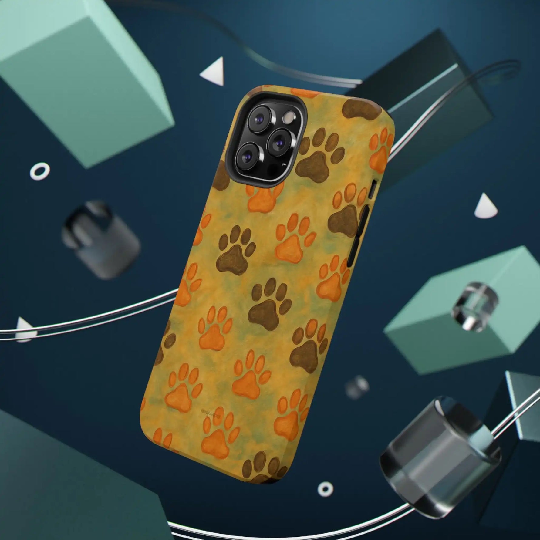 Phone case with orange and brown paw print pattern, medium size, floating in abstract blue background