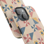 Prairie Quilt – Pastel Patchwork Pattern MagSafe Phone Case, glossy diagonal dual-camera model, camera and side-button close-up