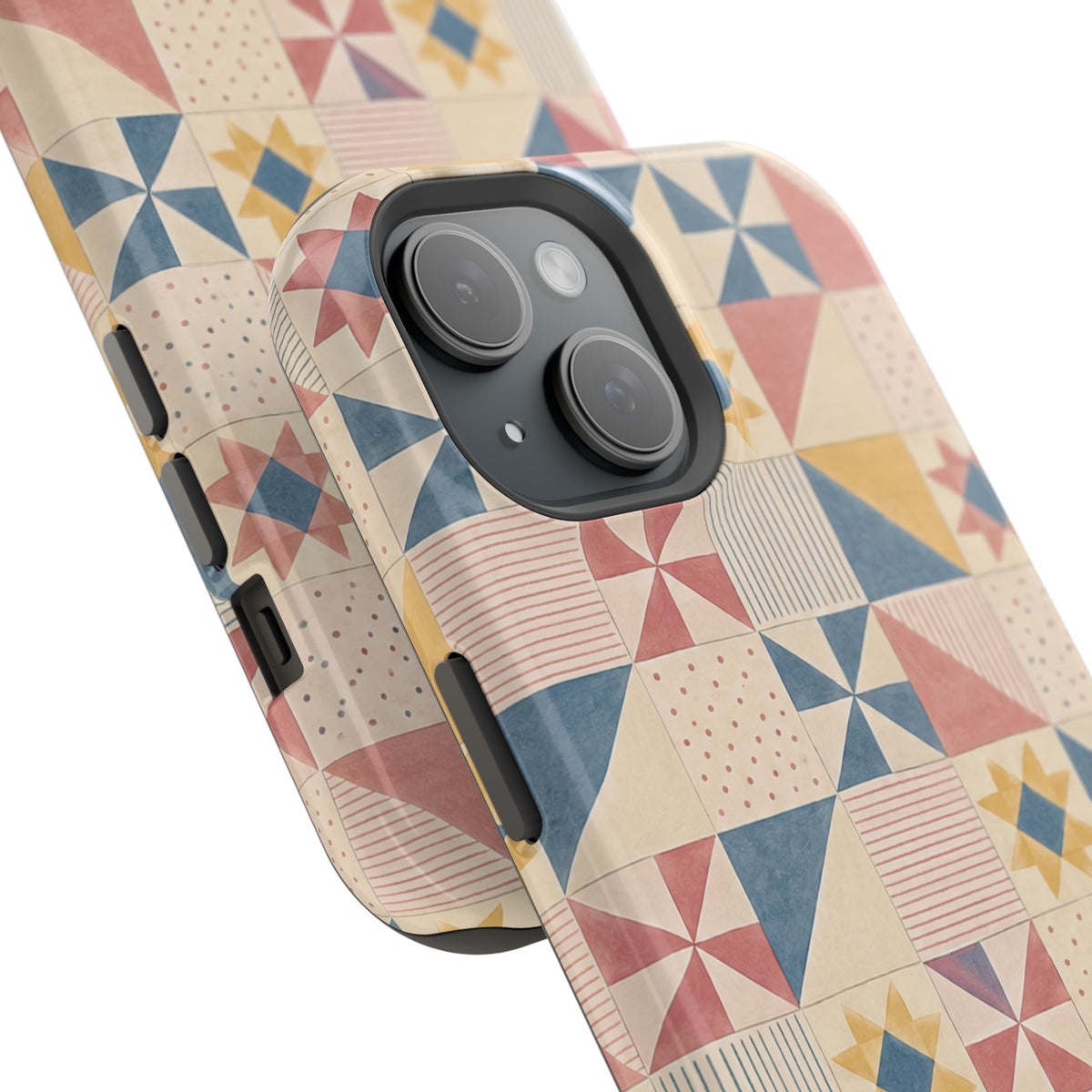 Prairie Quilt – Pastel Patchwork Pattern MagSafe Phone Case, glossy diagonal dual-camera model, camera and side-button close-up