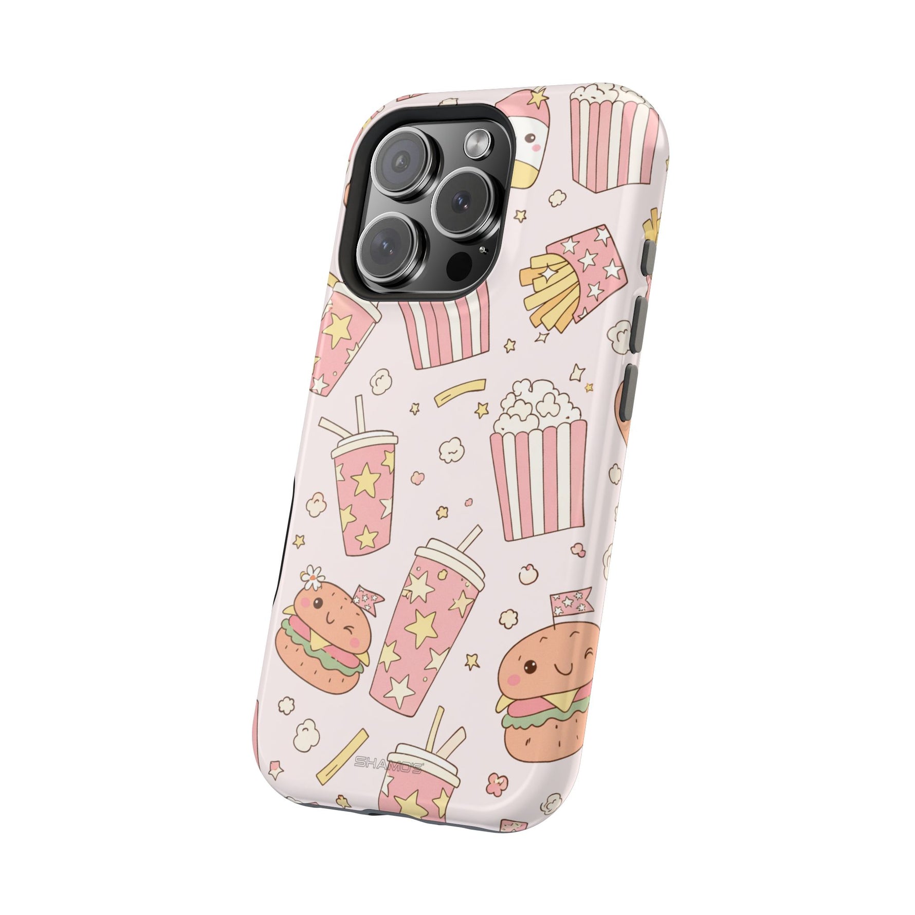 Kawaii Snack Pattern Magnetic Phone Case, Cute Popcorn, Burger & Soda Design with MagSafe Compatibility