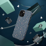 Denim Wildflowers MagSafe Phone Case, glossy diagonal dual-camera model, rear view with magnetic accessories