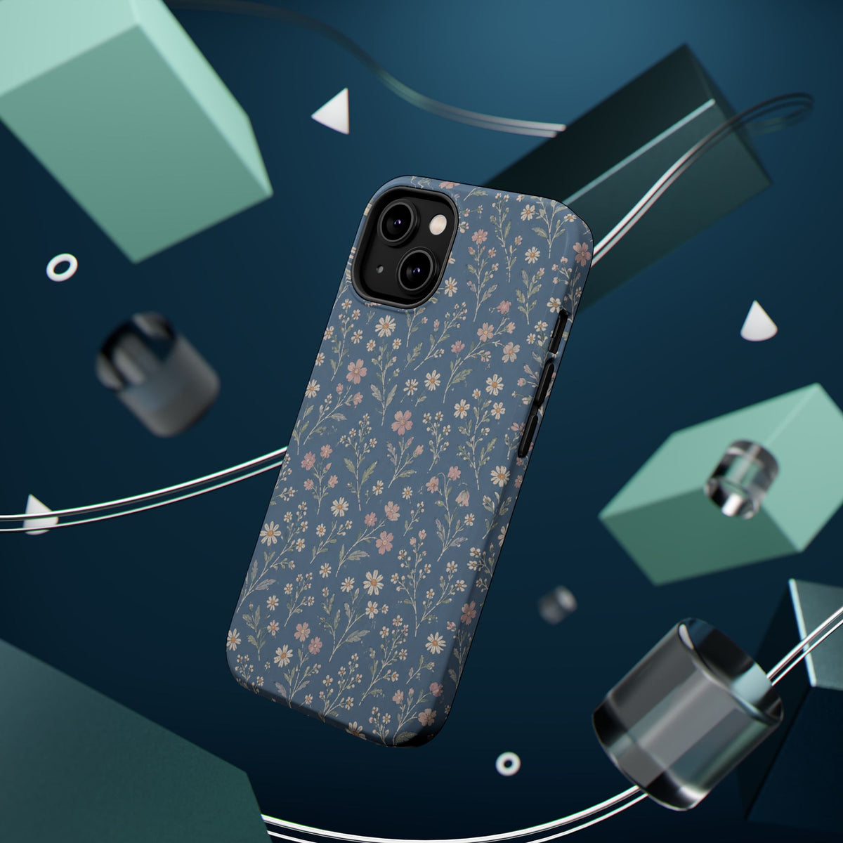 Denim Wildflowers MagSafe Phone Case, glossy diagonal dual-camera model, rear view with magnetic accessories