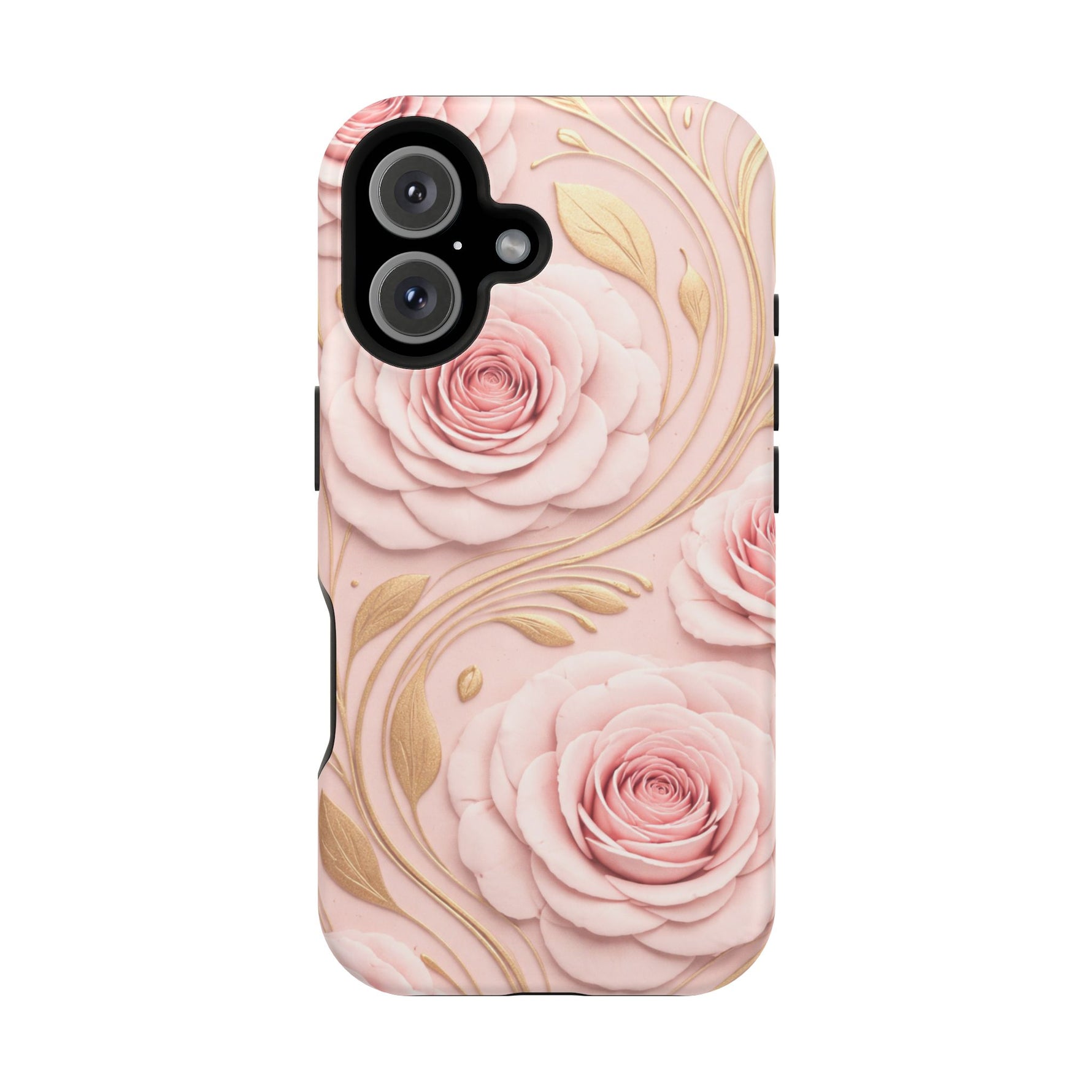 Floral Pink Rose MagSafe iPhone Case, Gold Leaf Magnetic Impact-Resistant