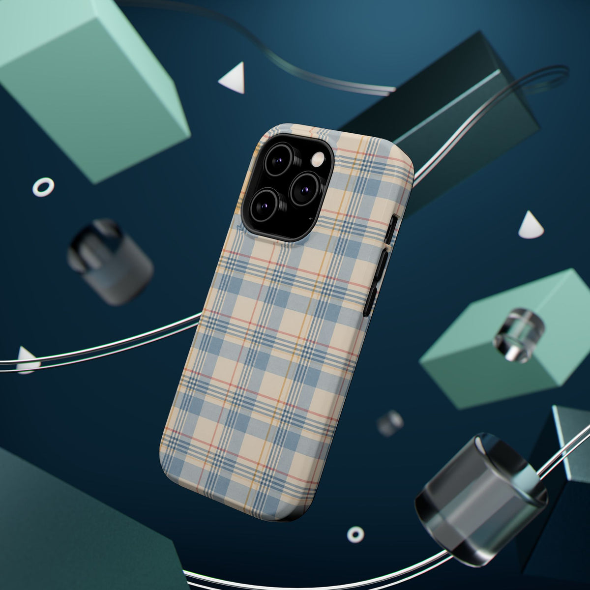 Ranch Check – Blue and Cream Plaid MagSafe Phone Case, glossy square triple-camera Pro model, rear view with magnetic accessories