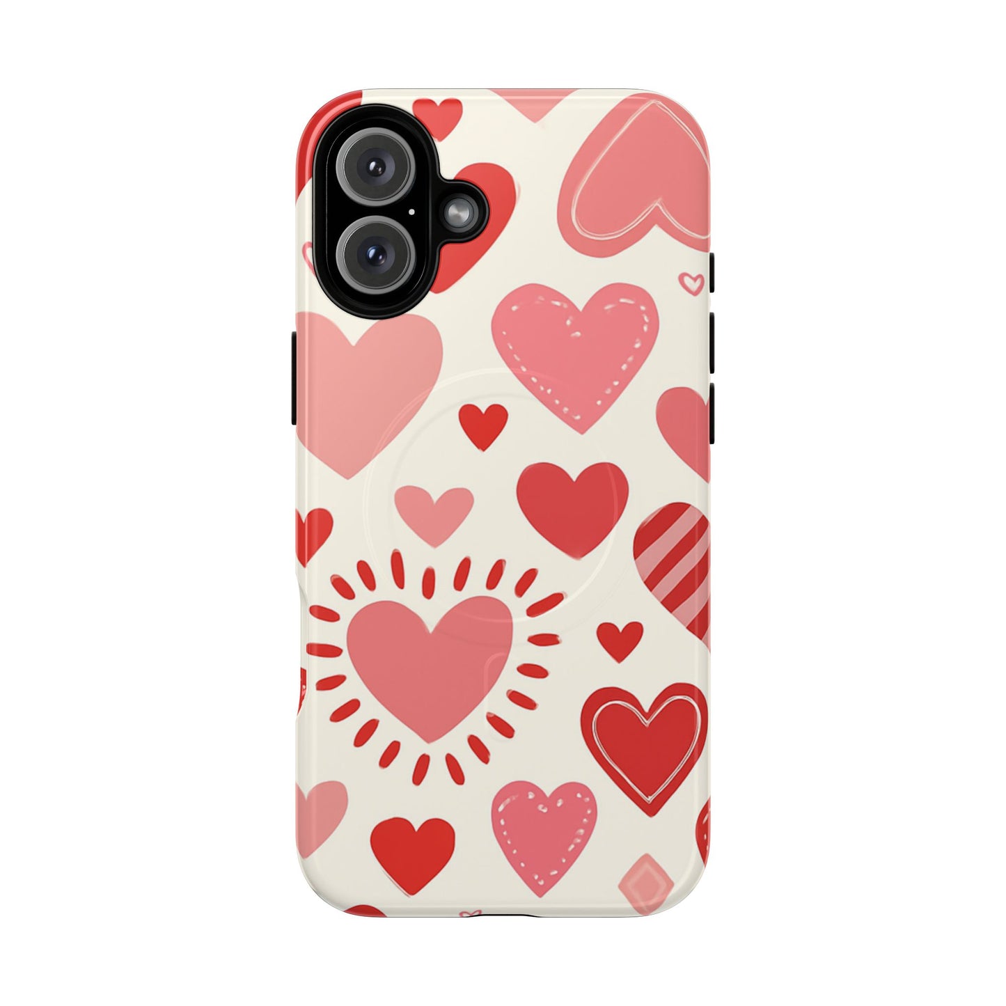 Heart Pattern Tough iPhone Case — Cute Red & Pink Hearts Protective Cover (MagSafe compatible)