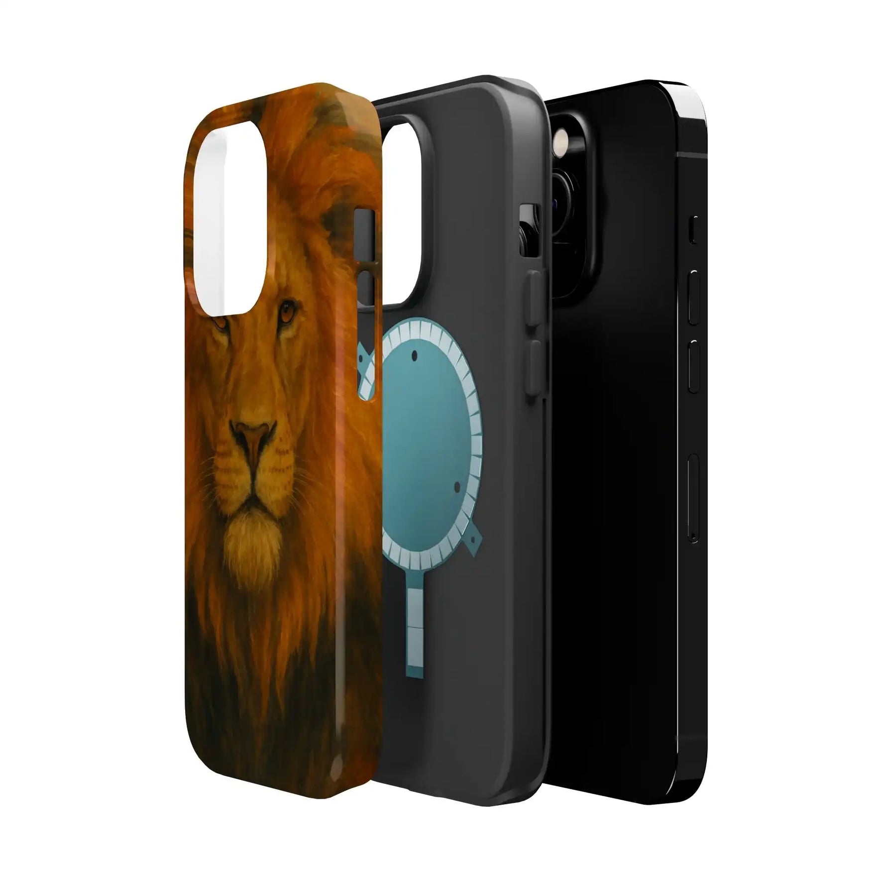 Three phone cases layered, including a large size case with a lion face design in brown and black