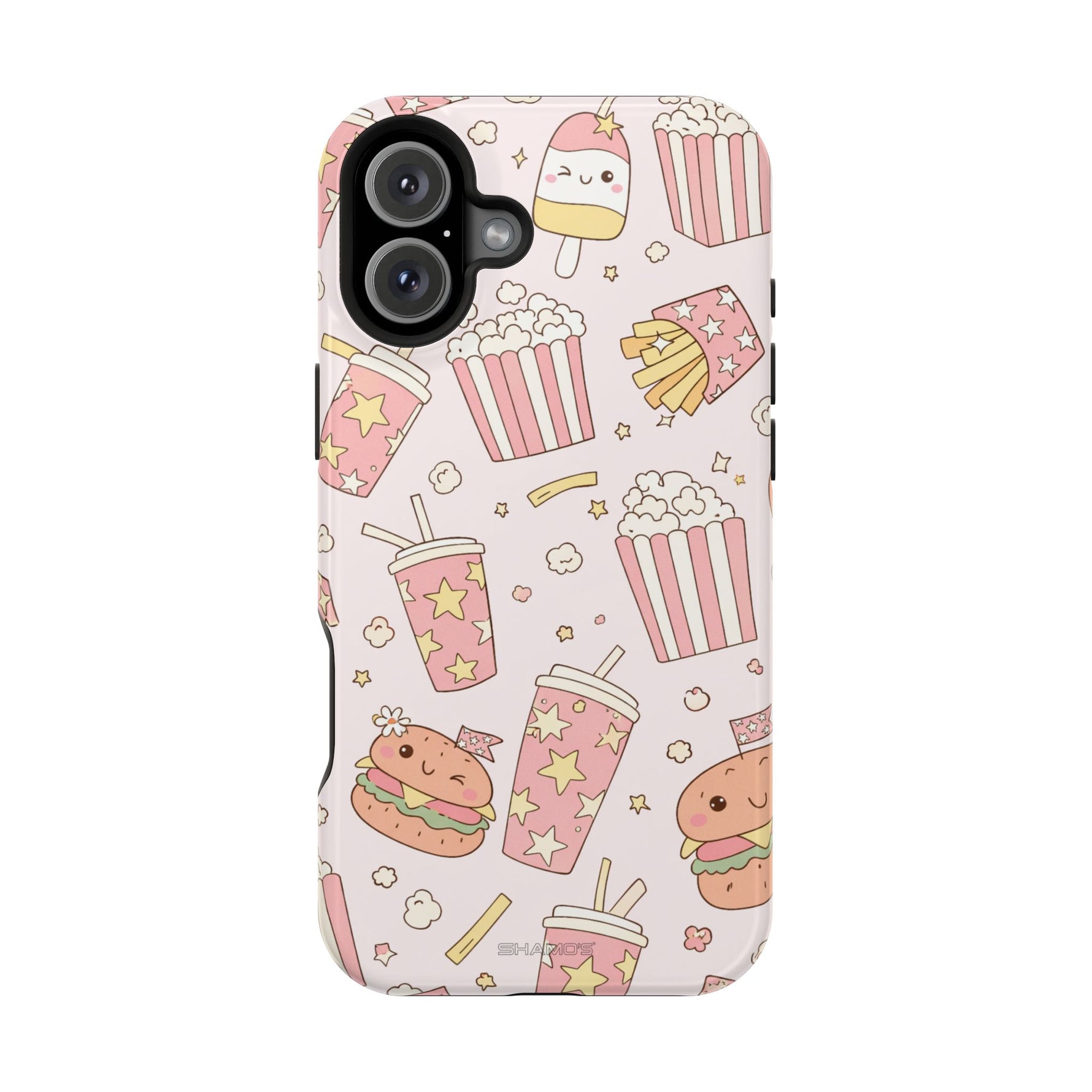 Kawaii Snack Pattern Magnetic Phone Case, Cute Popcorn, Burger & Soda Design with MagSafe Compatibility
