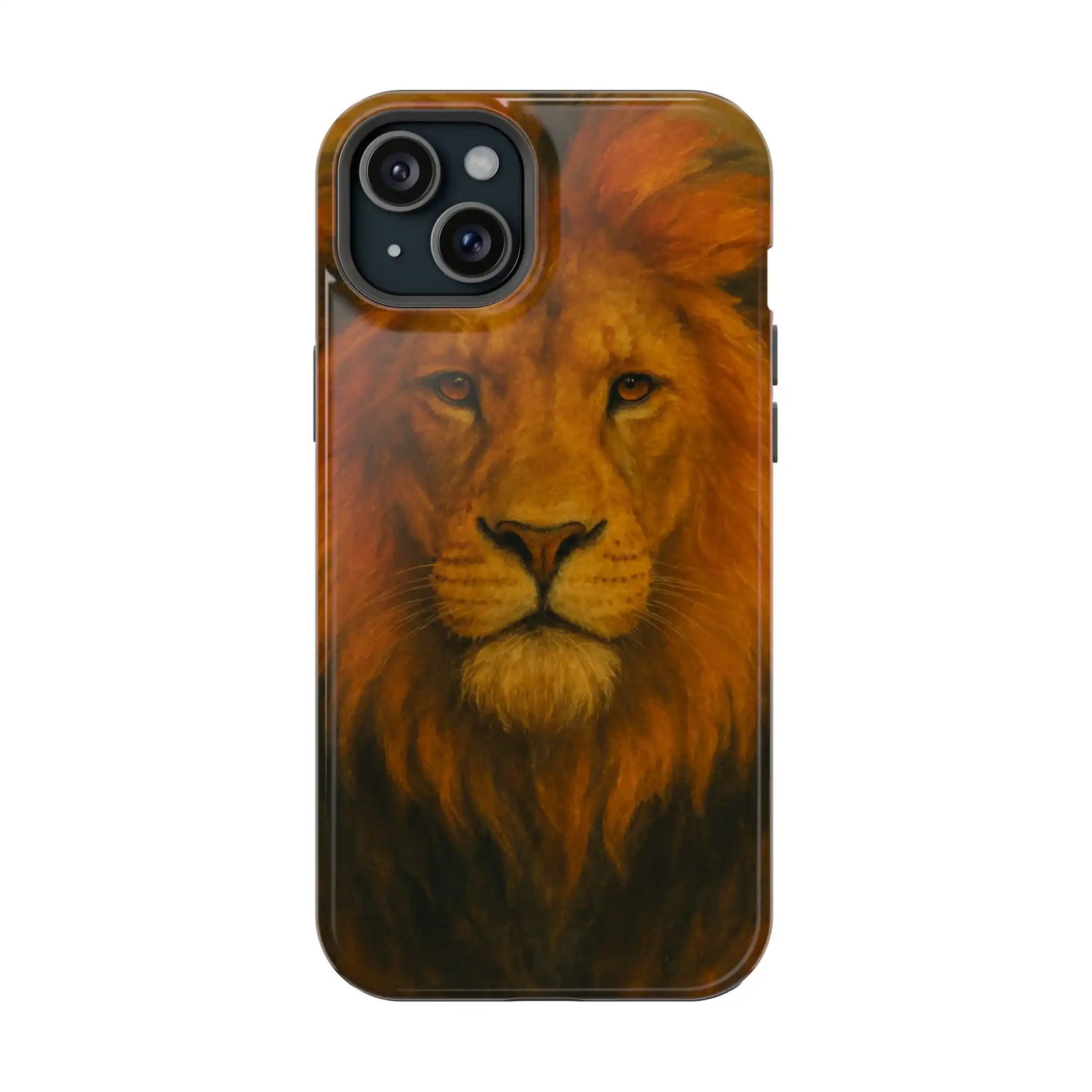 Close-up iPhone case with detailed lion face artwork in warm brown and orange tones, variant size shown