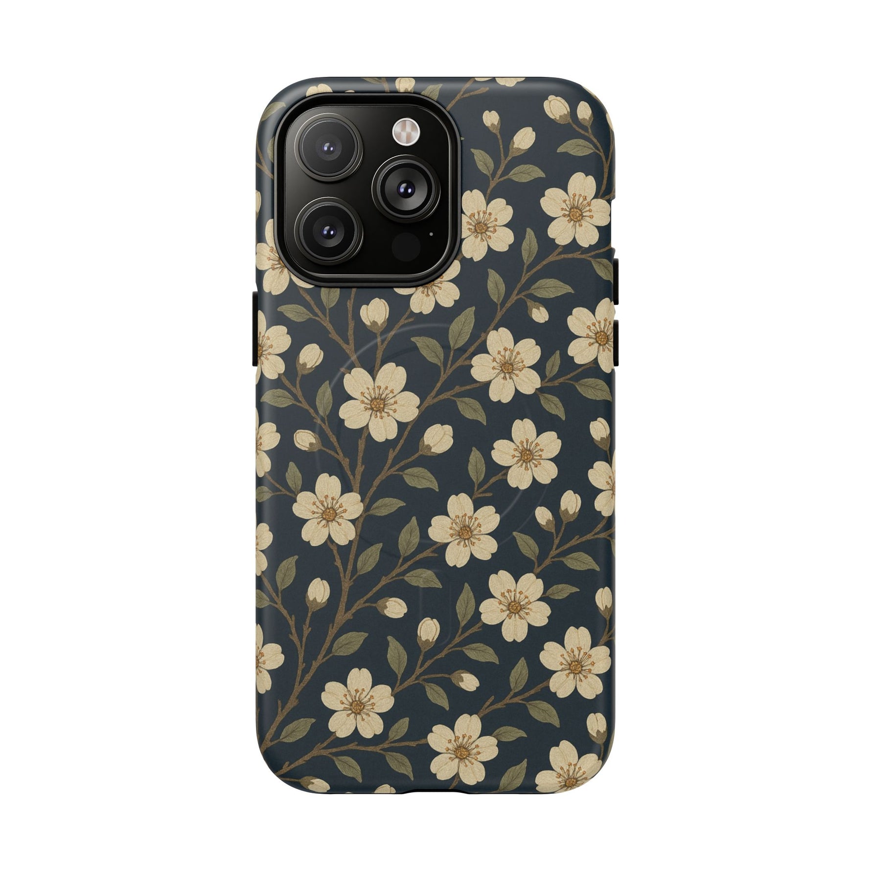 Navy Cherry Blossom Floral iPhone Case - Compatible with MagSafe - Shamo's
