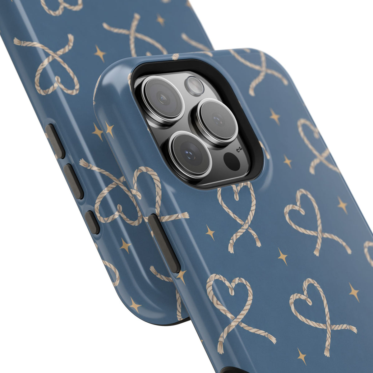 Lasso Hearts – Blue Western Heart MagSafe Phone Case, glossy square triple-camera Pro model, camera and side-button close-up