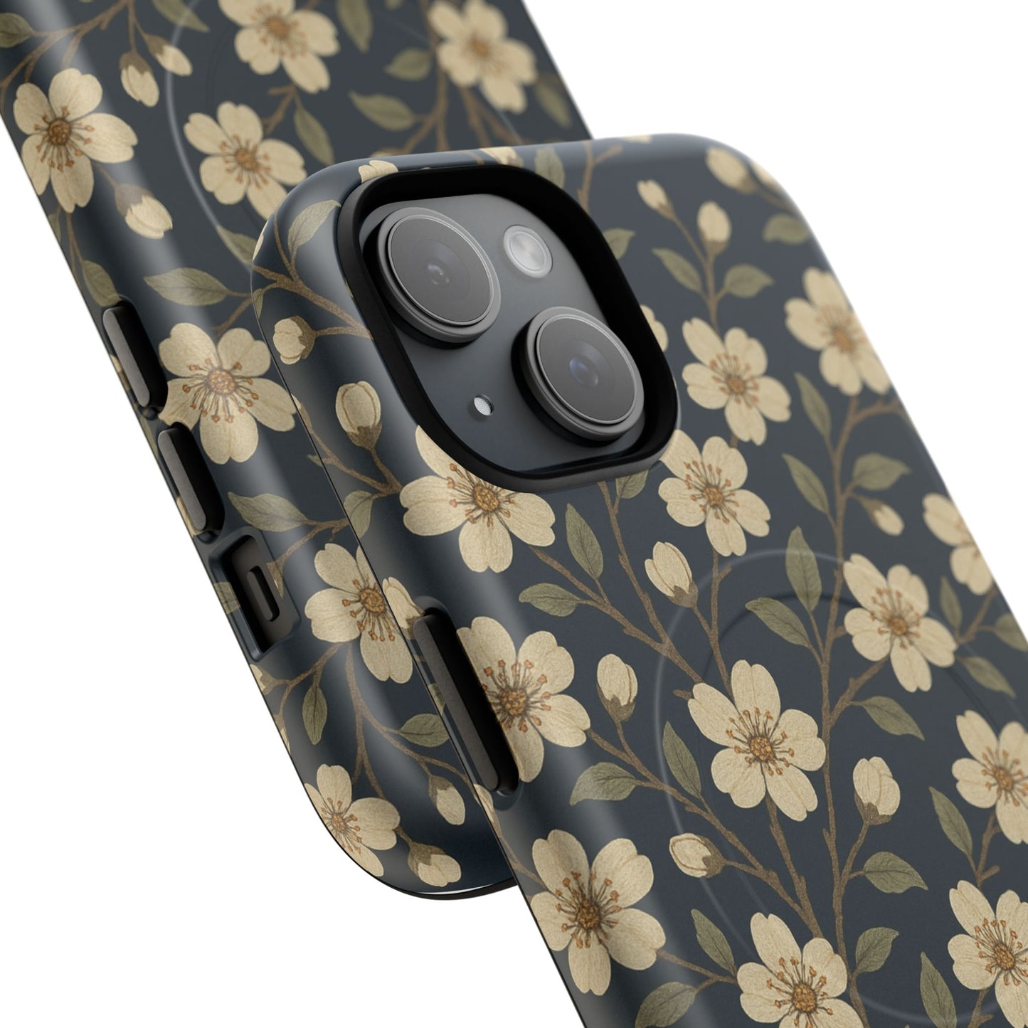 Navy Cherry Blossom Floral iPhone Case - Compatible with MagSafe