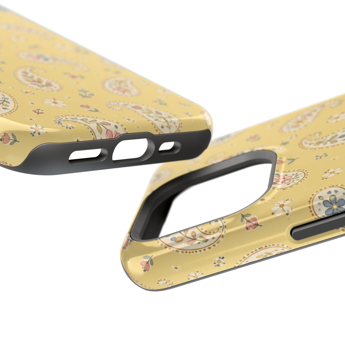 Honey Paisley MagSafe Phone Case, glossy square triple-camera Pro model, port openings and edge details