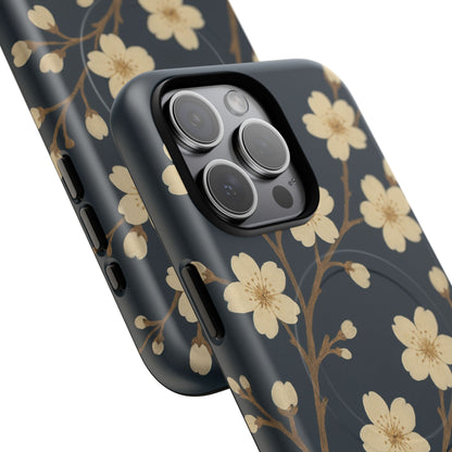 Navy Cherry Blossom Floral iPhone Case - Compatible with MagSafe