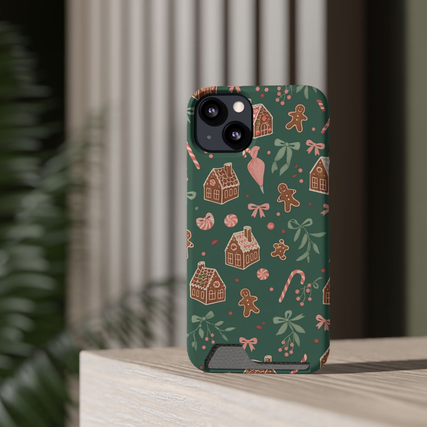 Holiday Gingerbread Phone Case with Card Holder — Festive Green Candy Cane Design